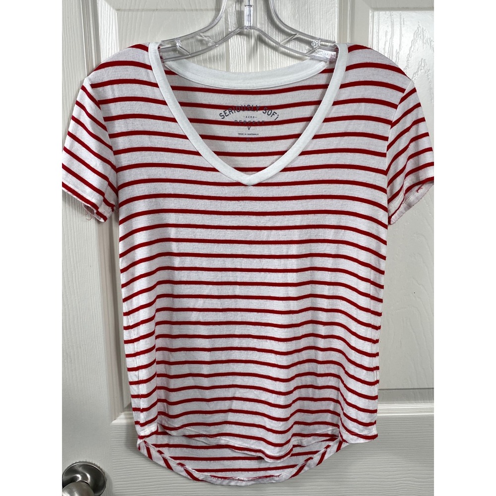 AERO Seriously Soft Striped V-Neck Tee Casual Top Red White XS Y2K Coastal